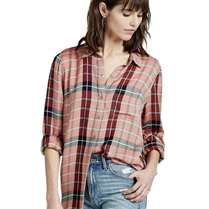 Lucky Brand Medium M Red Blue Plaid Check Rayon Soft Boyfriend Button Down Shirt